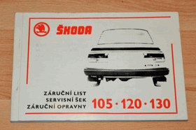 ŠKODA 105 120 130 Záruční list, servisní šek, seznam záruční opravny
