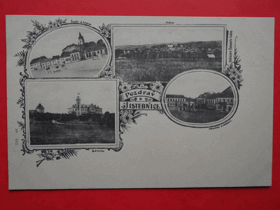 Jistebnice - Jistebnitz, okres Tábor, koláž, škola, radnice, zámek, náměstí (pohled)