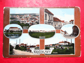 Kročehlavy, okres Kladno, škola, kolonie, pivovar, železárny, Hutšká ulice, Pražská ulice (pohled)