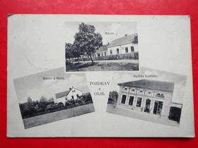 Olší - Wolschi, náves, kostel, škola, Bučkův hostinec (pohled)
