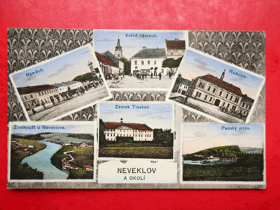Neveklov, okres Benešov, koláž, náměstí, zámek Tloskov, radnice, Živohoušť, Panský mlýn (pohled)