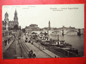 Drážďany - Dresden, tramvaj, koňské spřežení, lodě, Německo (pohled)