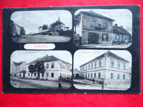 Tuřany, kostel, obchodní dům F.J. Šreiber, fara, škola, hostinec p. Spirita (pohled)