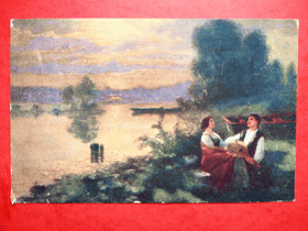 Mladý pár u řeky, polní pošta (pohled)