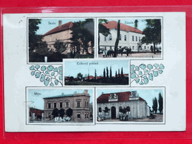 Toužetín, okres Louny, škola, mlýn, zámek, víceokénková pohlednice, koláž (pohled)