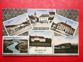 Neveklov, okres Benešov, koláž, náměstí, zámek Tloskov, radnice, Živohoušť, Panský mlýn (pohled)