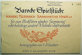Barocke Spielstucke - Handel, Telemann, Sammartini, Hasse, Heft II - Edition Schott 2438, Recorder ...