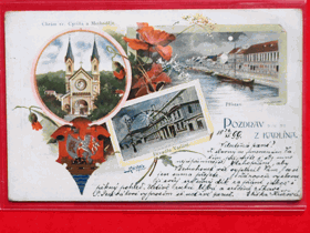 Praha - Prag - Prague, koláž, dlouhá adresa, přístav, loď (pohled)