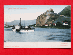 Ústí nad Labem - Aussig an der Elbe, řeka, loď, hrad Střekov (pohled)
