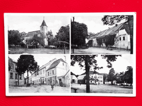 Choustník,  okénková pohlednice, kostel, ulice, restaurace (pohled)