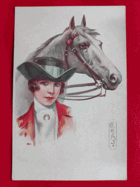 Kůň a dáma s kloboukem- Parkurové skákání  , parkur (pohled)