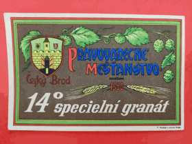 Pivní etiketa. Právovárecké Měšťanstvo, Český Brod, 14°specielní granát (pohled)