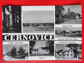 Černovice, okénková pohlednice, zámek, škola, ozdravovna náměstí, zotavovna, okres ... (pohled)