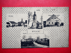 Mnich, okres Pelhřimov, více záběrů Kostel, obchod Františka Smutného (pohled)