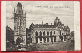 PRAHA Prašná brána a Obecní dům TRAMVAJ Pohled Pohlednice