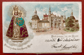 Svatá Hora Příbram plastická zlacená! Gruss von Gnädiger Mutter Gottes Pohled Pohlednice