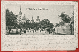 Smečno Kladno, náměstí, kostel, povoz kůň RŮŽEK VPRAVO DOLE PRYČ! Pohled Pohlednice